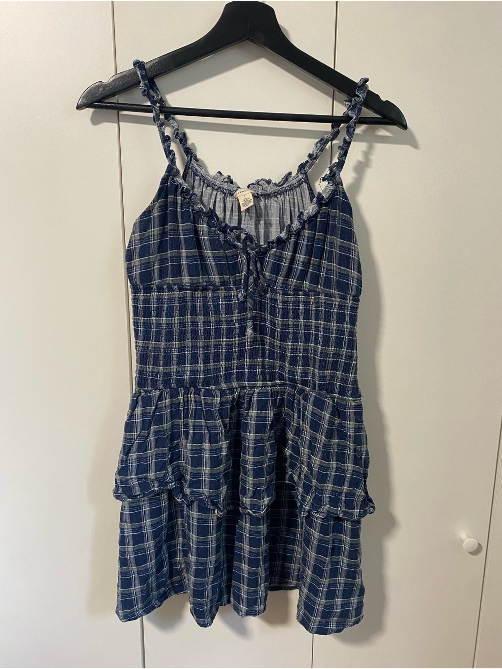 Aeropostale Navy Plaid Mini Smocked Dress with Ruffle Straps Size L